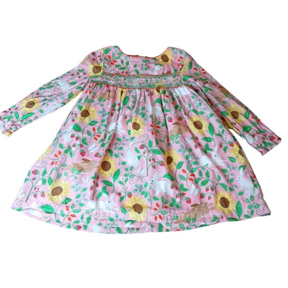 Mini Boden Pink Floral Bunnies Summer Sunflowers Dress Size 2-3Y Embroidered Euc - Picture 10 of 16